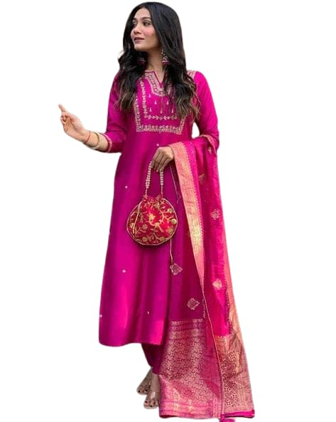 Women's Viscose Silk Heavy Embroidered Straight Kurta With Trouser & Banarasi Jacquard Dupatta Set - Image 2