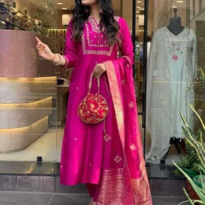 Women's Viscose Silk Heavy Embroidered Straight Kurta With Trouser & Banarasi Jacquard Dupatta Set