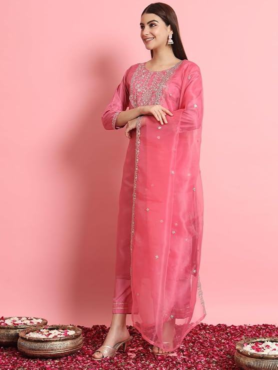 VredeVogel Women's Silk Blend Embroidered Kurta with Pant & Dupatta Set - Image 4