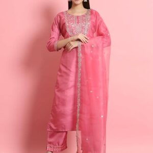 VredeVogel Women's Silk Blend Embroidered Kurta with Pant & Dupatta Set