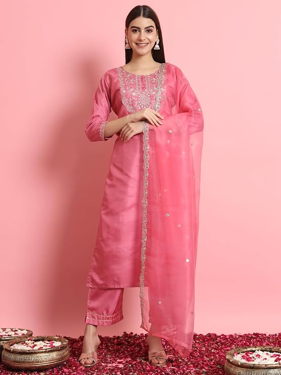 VredeVogel Women's Silk Blend Embroidered Kurta with Pant & Dupatta Set