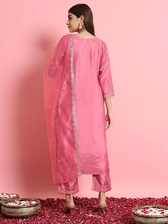 VredeVogel Women's Silk Blend Embroidered Kurta with Pant & Dupatta Set - Image 3