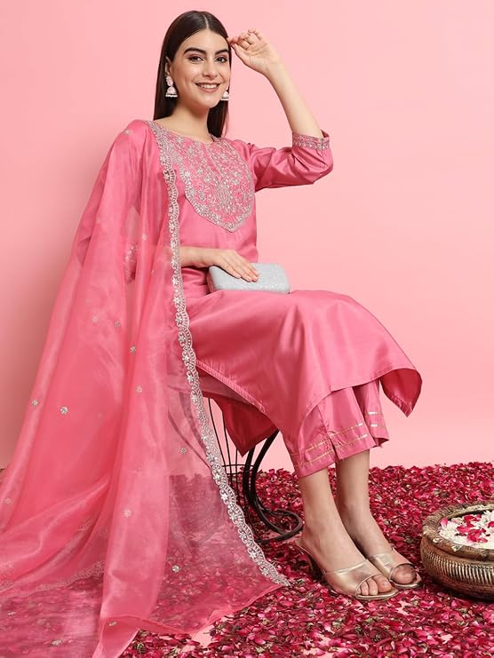 VredeVogel Women's Silk Blend Embroidered Kurta with Pant & Dupatta Set - Image 2