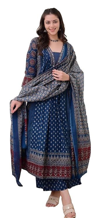 Nermosa Women Printed Anarkali Kurta and Pant Set with Dupatta