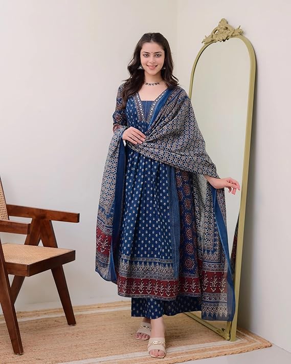 Nermosa Women Printed Anarkali Kurta and Pant Set with Dupatta - Image 5