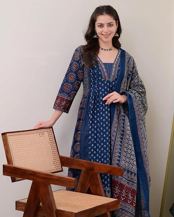 Nermosa Women Printed Anarkali Kurta and Pant Set with Dupatta - Image 3